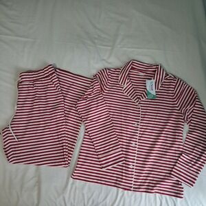 New Lands End Red White Striped Pajama Set PJs Buttons Womens Size M Coastal